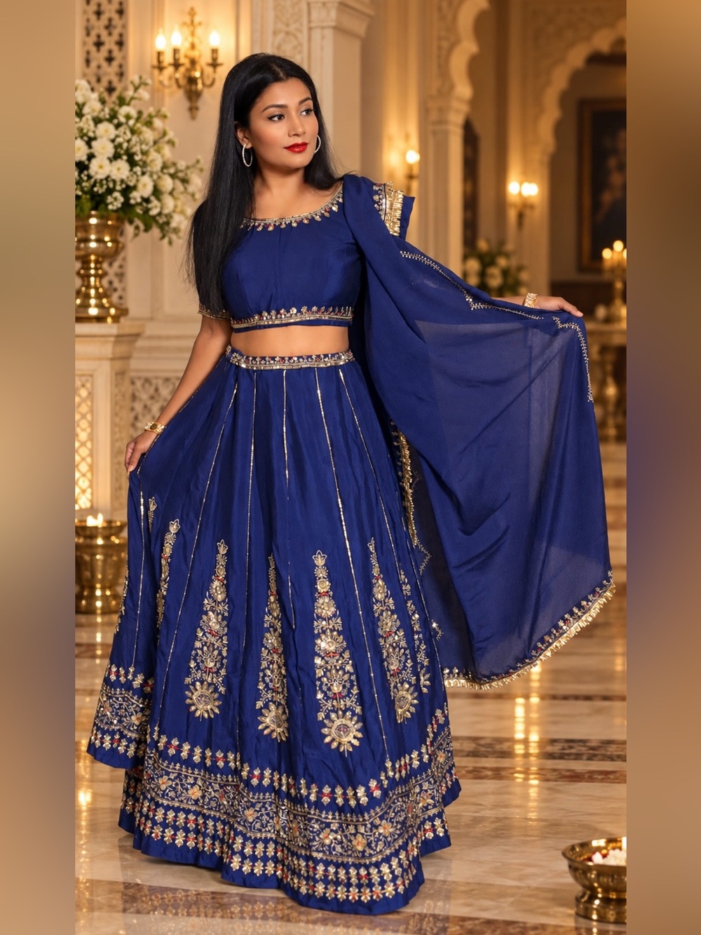 Designer Royal Blue Embroidered Lehenga Skirt blouse Dupatta Set Women's Medium